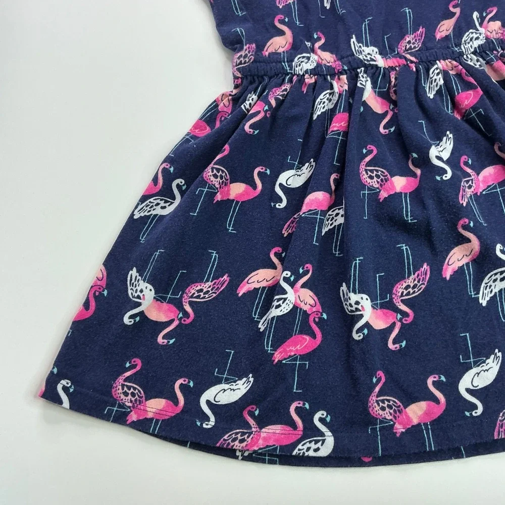 Gymboree Navy Blue Flamingo Dress Kids Size S 5-6 Cotton Jersey Cap Sleeve